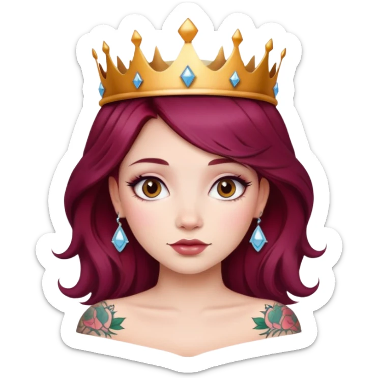 Beautiful tattooed long burgundy haired girl wearing a princess crown sticker