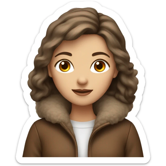 A woman with grey eyes and brown hair wearing a fluffy cozy brown jacket sticker