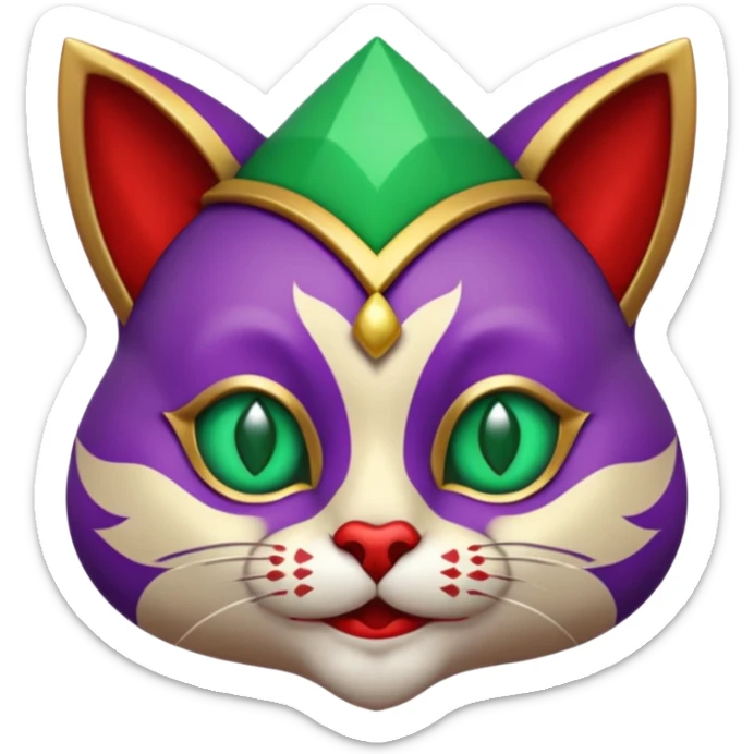 crazy colorful cute little cat jolly joker from poker, medieval, vintage, court jester, mac os icon, purple, gold and red color, half body, emerald green ice eyes. Squared shape as 3D mac os icon, symmetrical sticker