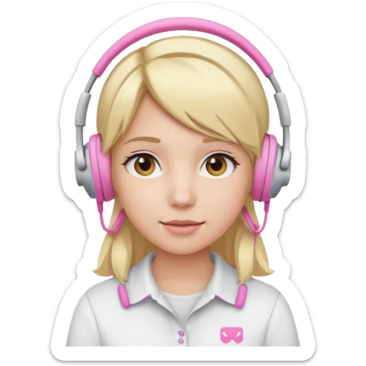 girl with blonde hair, white shirt and pink headset sticker
