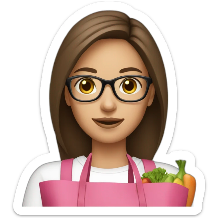 young woman with brown hair and thin glasses with a pink bag full of groceries sticker