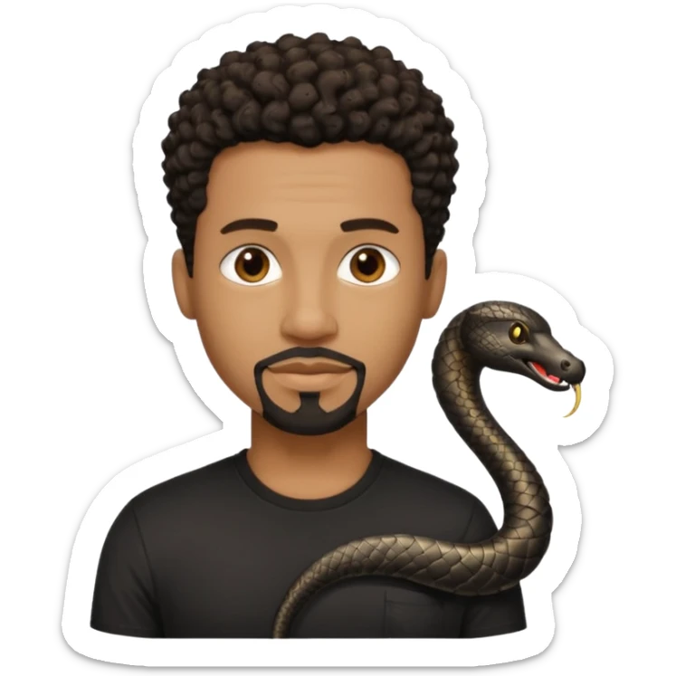 Homme noir, yeux marron avec un bouc sans la moustache, cheveux noir court et bouclé crépus avec un dégradé sur le côté, avec un cobra à côté , t-shirt noir  sticker