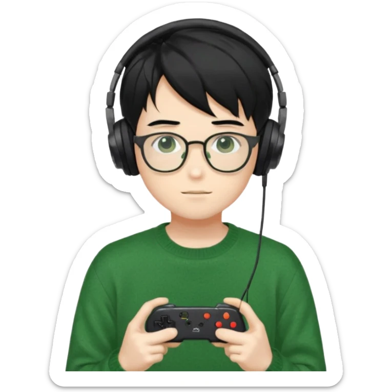 
gamer, Gorgeous green sweater black hair anime style shojo guy glasses, headphone, gamepad sticker
