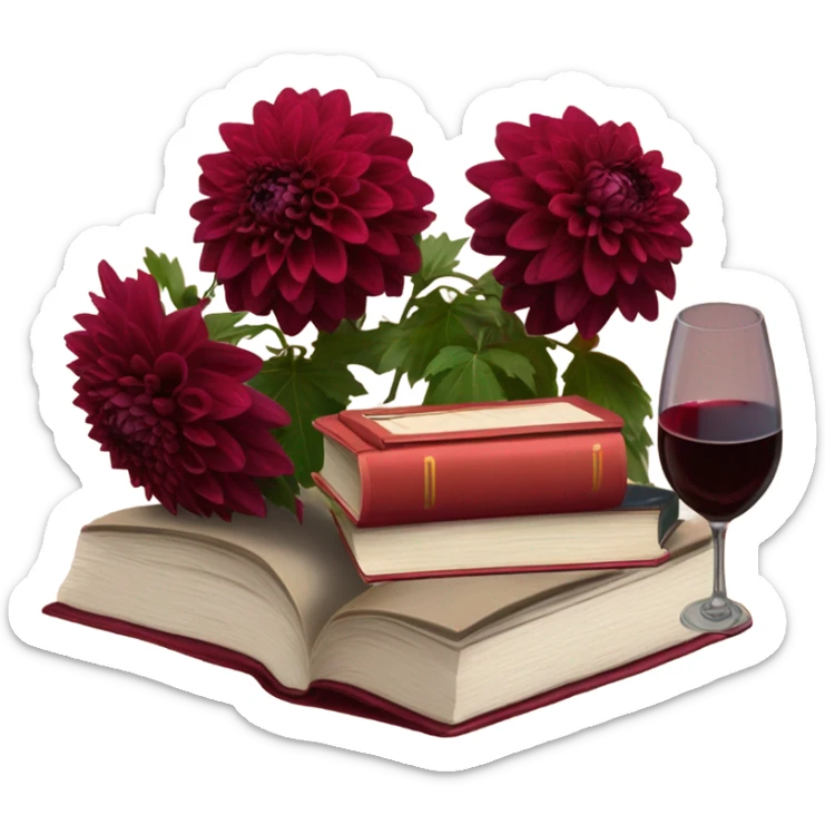 A deep red pile of books with classic dahlias and a spilled wine glass sticker
