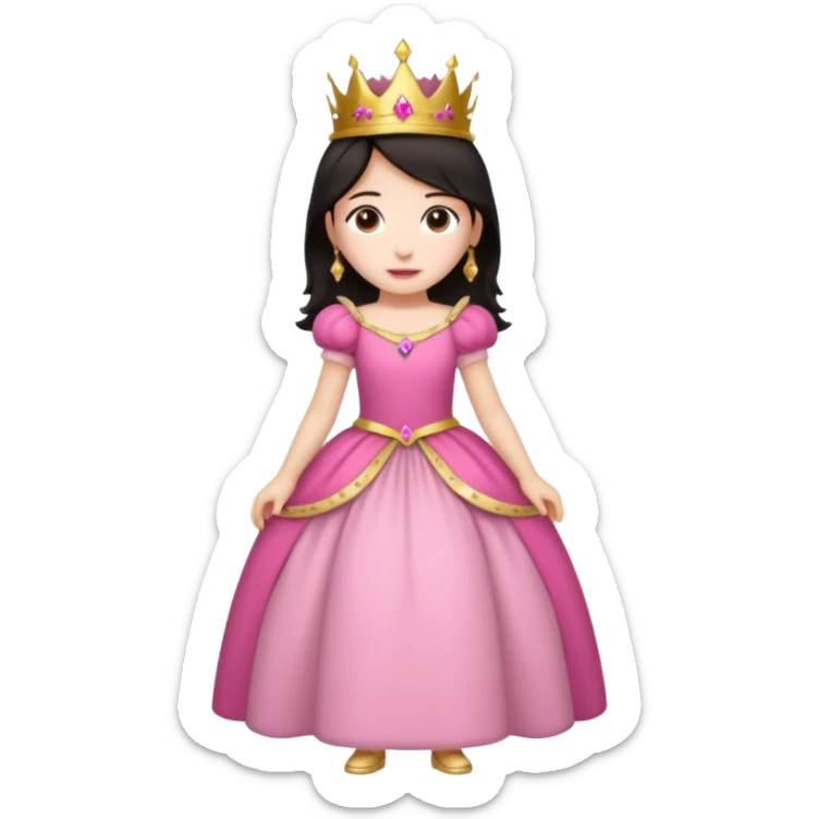 chica vestida de princesa con vestido rosa , piel blanca , pelo oscuro, corona dorada, cuerpo entero sticker