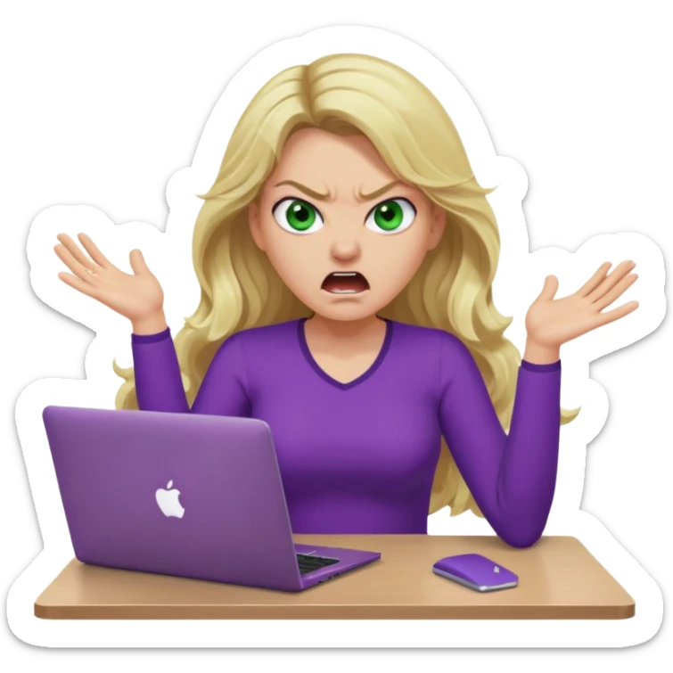 lady with long wavy blonde hair, purple top, green eyes, at desk with hands and face gesturing very angry and shouting, with a purple mac laptop  sticker