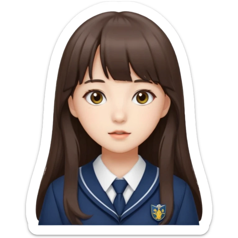 Yuju Gfriend menggunakan baju sekolah dengan rambut panjang dan ada poni  sticker