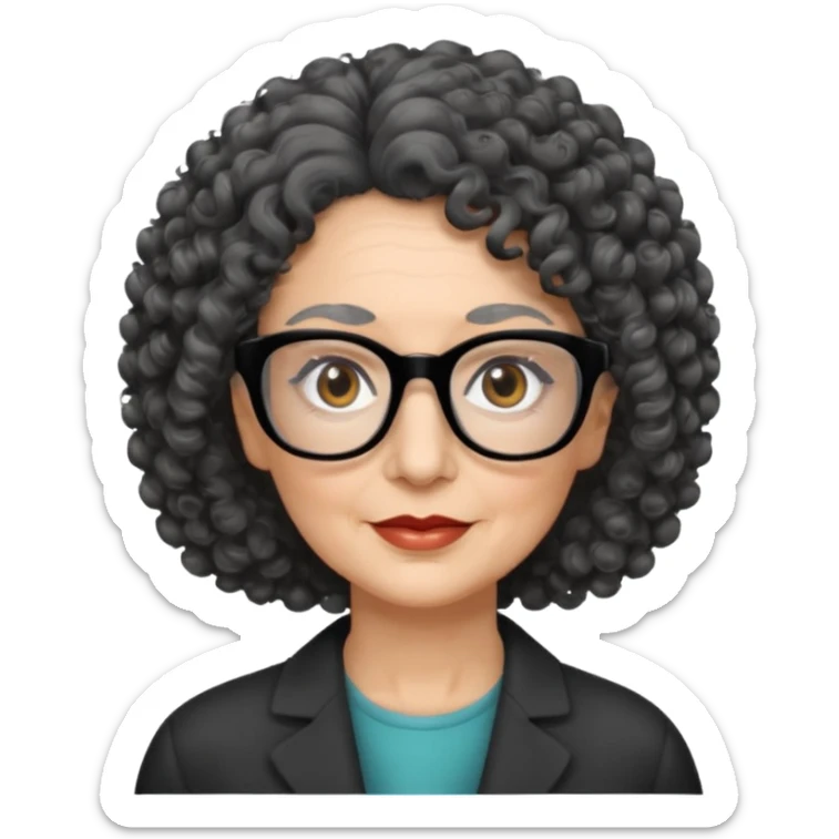 femme 60 ans cheveux gris foncé très bouclé et yeux marrons foncé, lunettes rectangle noir sticker