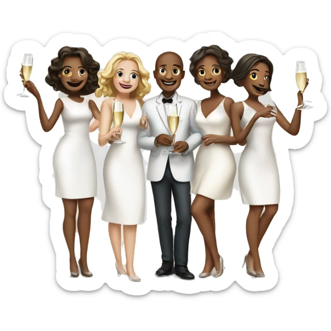 Group of 5 smiling women, one boy and a woman with white dress clinking champagne sticker