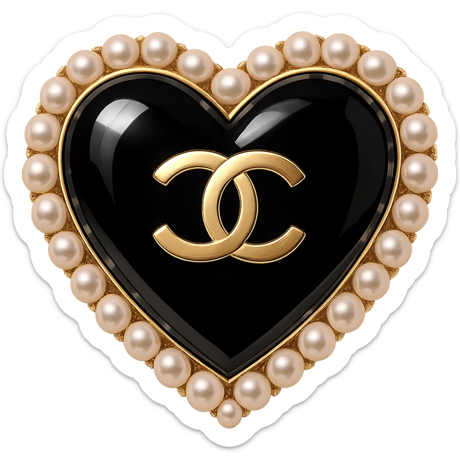  only the elegant heart with pearls and gold Chanel logo, glossy, pastel colors, realistic style, with no background. black pink,  sticker