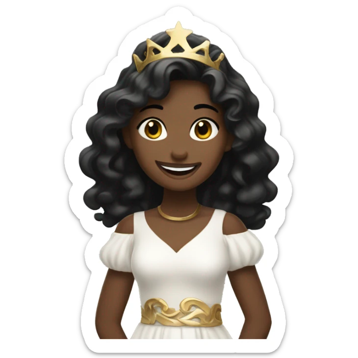 A girl with wavy black hair, wearing a white dress with gold details, smiling softly in a festive setting. sticker