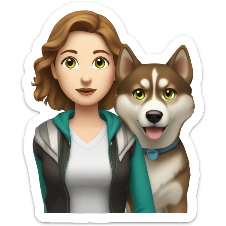 White Woman hair brown and bleus eyes and golden Husky With green eyes sticker