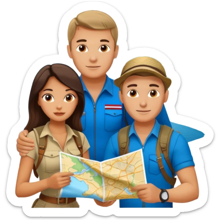 Russian man and elegant Latina girl in adventure outfits with a map planning a trip Montenegro in the background  sticker