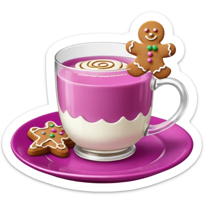 A glass of milk sits on a magenta saucer with gingerbread cookies. sticker