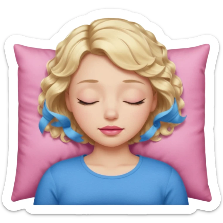 Girl Blonde short wavy hair,  blue eyes, cute blue top, long lashes, pink lips, sleeping eyes closed, catching zzzz  sticker