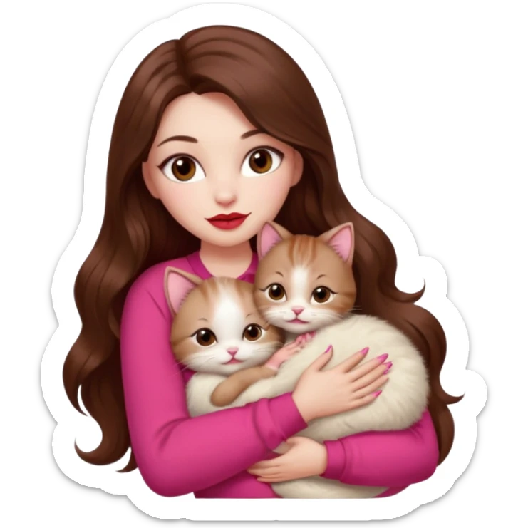Long Hair Coffe, White Skin, eyes coffe, Big red lips, Outfit Pink , Nails Red, Hug a litte baby Cat color Cream eyes coffe sticker