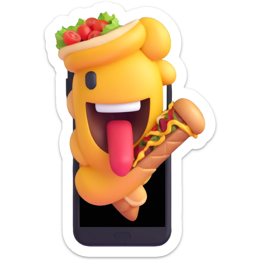 bright and vibrant 3D emoji style of a phone eating kebab, no background sticker
