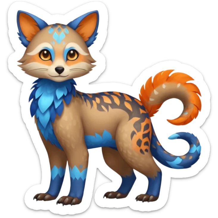 Colorful brown with blue and orange tropical exotic shiny beautiful fantasy-Trico-Cacomistle-oncilla-animal-Fakémon-hybrid-fursona (full body) sticker