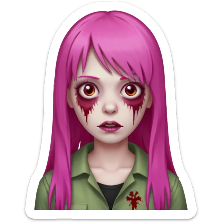 Create a female zombie emoji with long, straight hair in hot pink and bangs. sticker