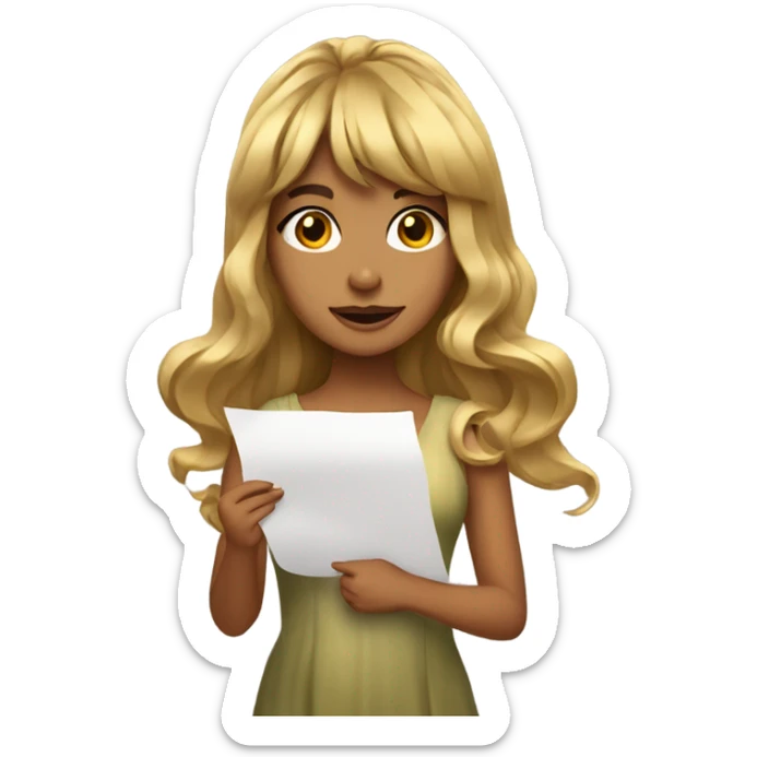 olive SKIN GIRL with long gold wavy hair and bangs holding paper sticker