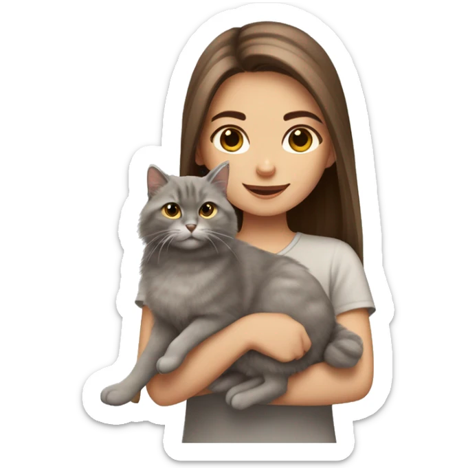  Chestnut brown straight hair girl holding fluffy Siberian gray cat  sticker