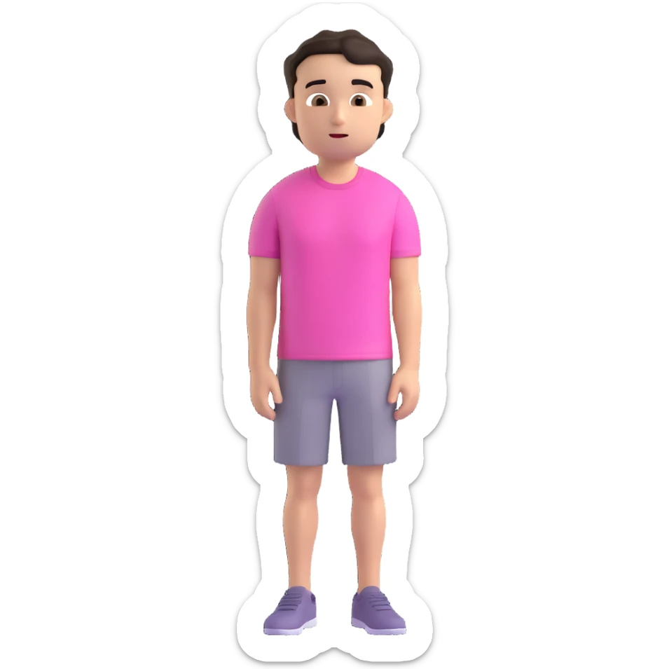 young man with short dark hair, pink t-shirt, neutral facial expression, Microsoft Fluent 3D emoji style sticker