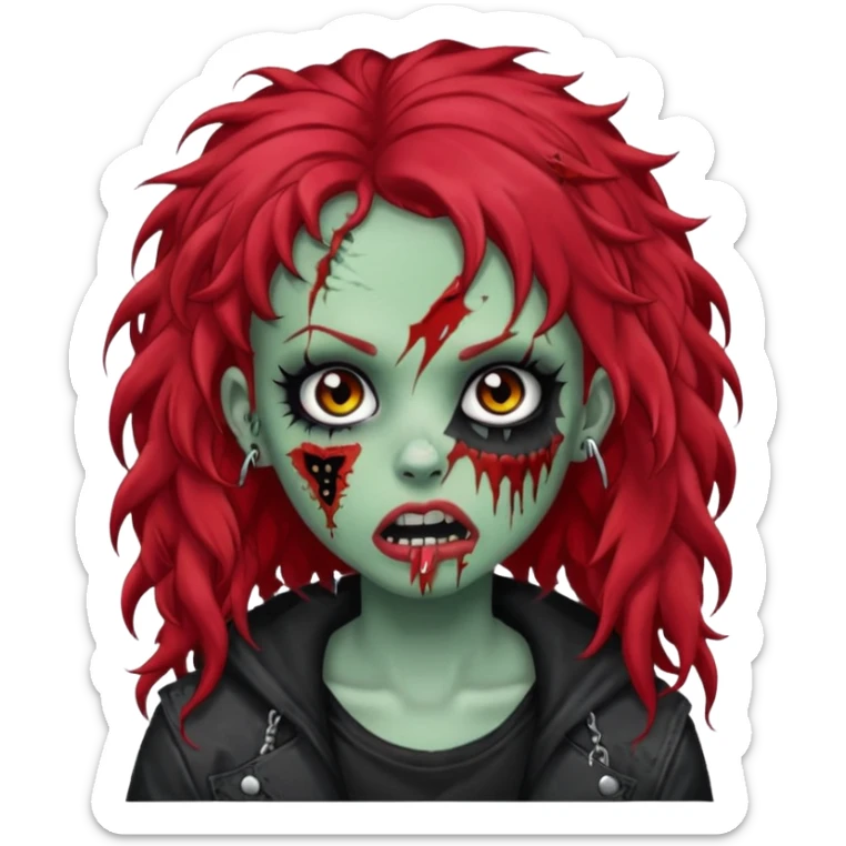 zombie girl red hair cacheado longo, com piercings na boca, nariz e sobrancelha,  roupa emo sticker
