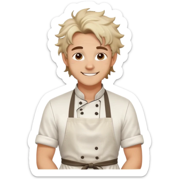 Attractive chef boyfriend with messy apron, tousled hair, playful smile. flour on cheeks, romantic sticker