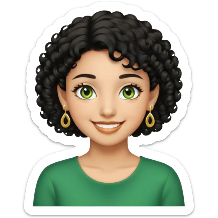 Girl showing happiness, medium skin tone, short curly black hair, gold earrings, green eyes sticker