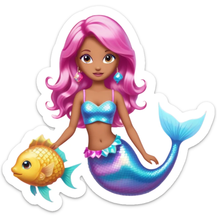 Brown skin blonde hair barbie mermaid with holographic tail and pink hair with pufferfish sticker