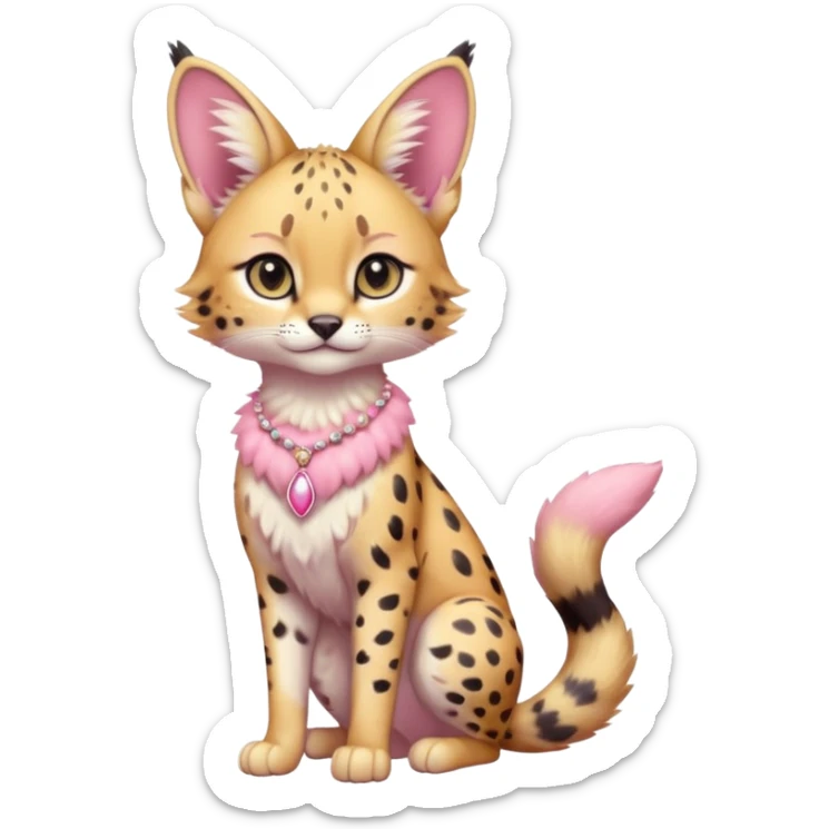 Whitish colorful pastel-rosy-pink cute elegant furry kawaii Serval, full body, with a cute pretty necklace  sticker