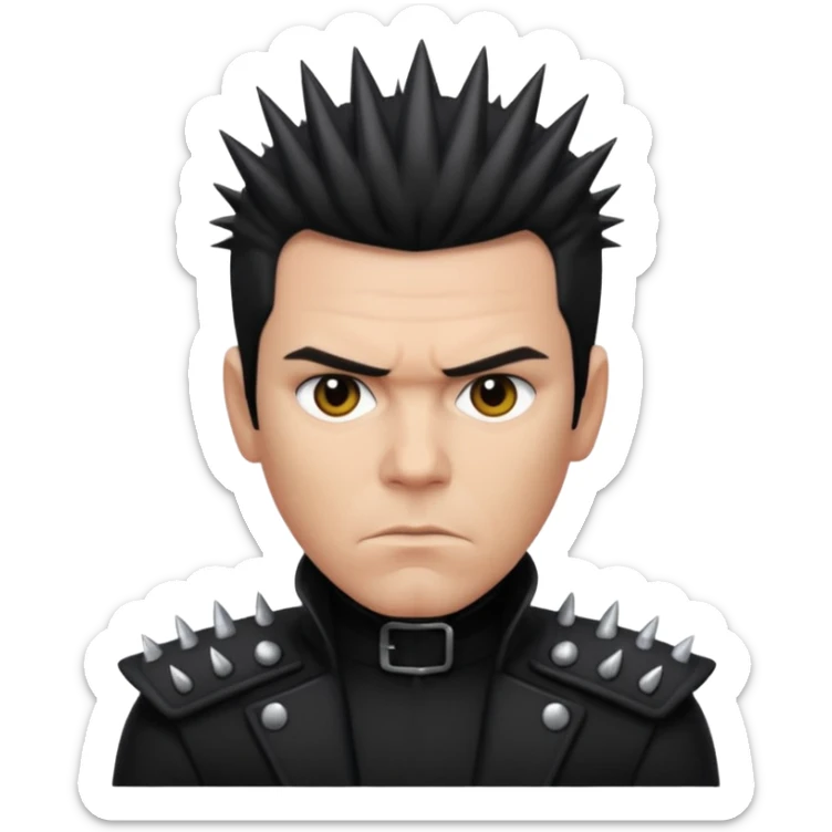 Richard Kruspe, apple style emoji, serious look, spiky hair, black clothing sticker