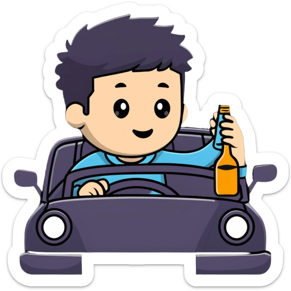 person in a car holding a bottle, showing the act of drinking and driving sticker