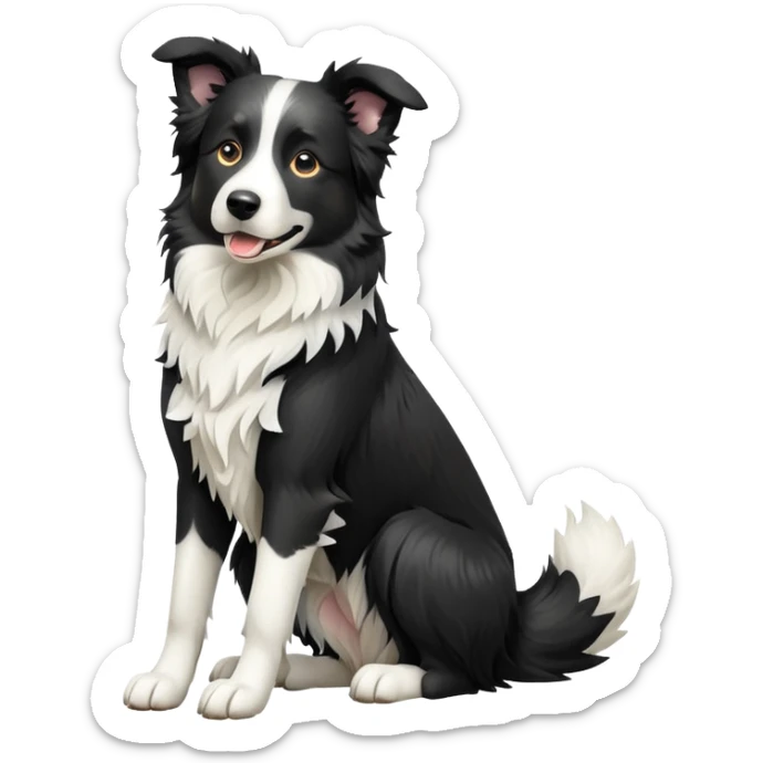 cinematic-[border collie dog]-realistic-full-body-sitting-emoji,-tail-resting-loosely-beside-its-paws,-head-tilted-dramatically,-scruffy-[black and white]-fur,-simplified-yet-realistic-focused-features,-highly-detailed,-glowing-with-an-almost-sarcastic-glow sticker