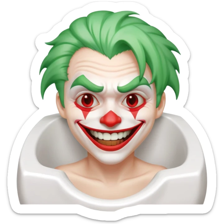 Joker character on toilet laughing hysterically, green hair, white face, red smile sticker