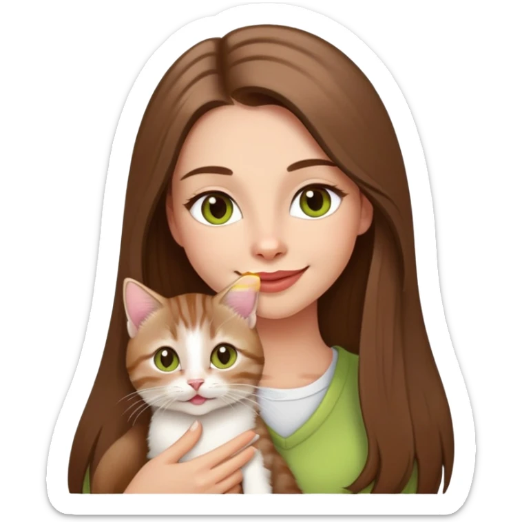 Woman with super long straight brown hair, rosy lips, chartreuse eyes, cute happy smile holding a white and brown tabby kitten sticker