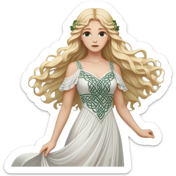A blonde woman with long wavy hair, wearing a white flowing dress with intricate Celtic patterns, standing in a misty forest, detailed sticker