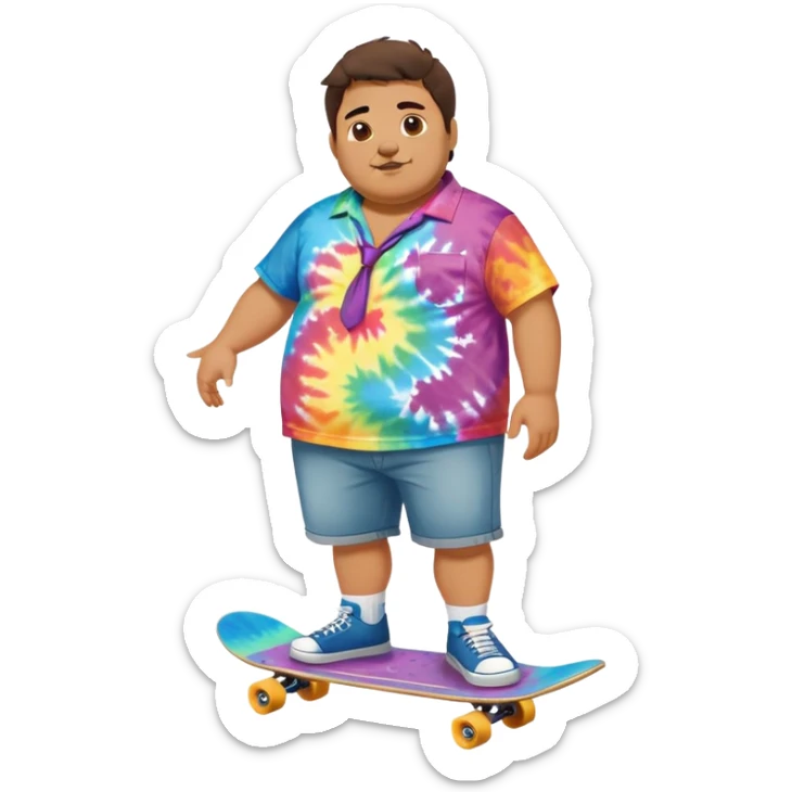 Full body chubby Mexican man with a skateboard from the city in shorts and a tie-dye tshirt sticker