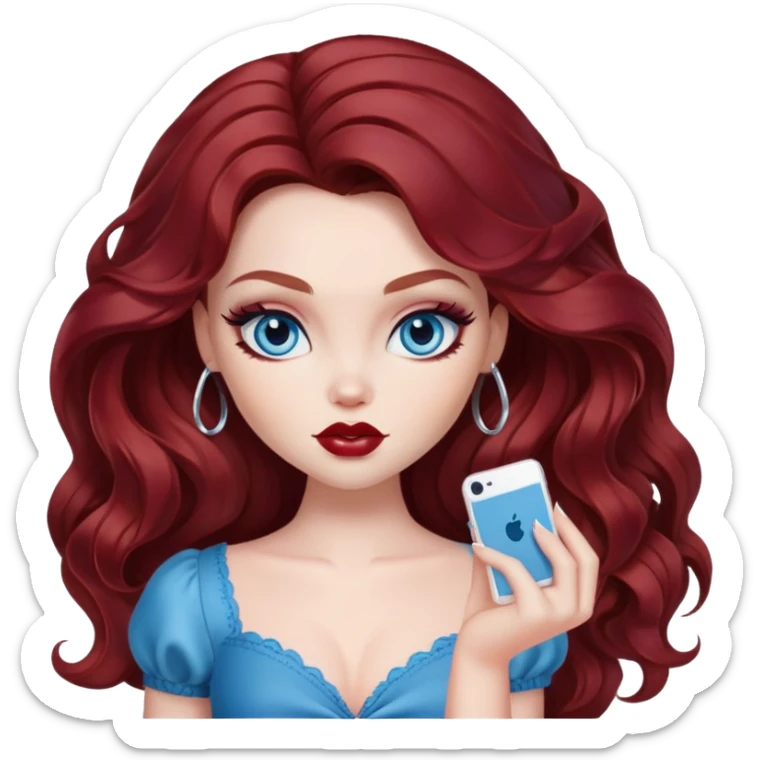 bratz pretty baddie, dark red wavy hair, pale skin, long hair, blue eyes, makeup sticker