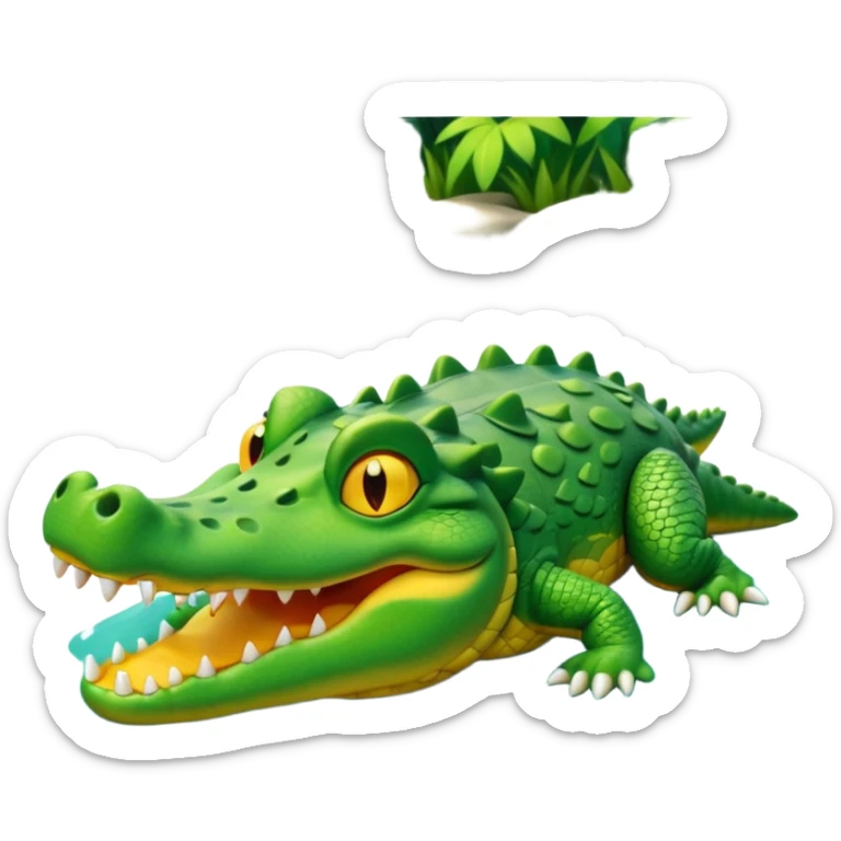 A cute 3D cartoon crocodile resting on a riverbank, part of its body in the water. Smooth rounded design, bright colors, soft lighting, friendly expression, Memoji-style realism. sticker