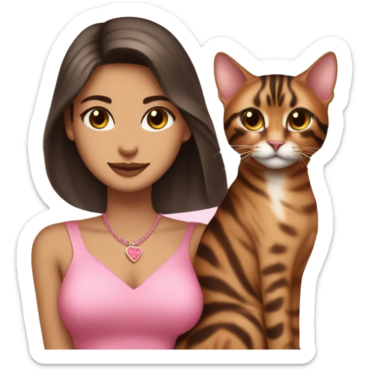 Beautiful skinny woman long dark brown hair in pink dress hug bengal cat sticker