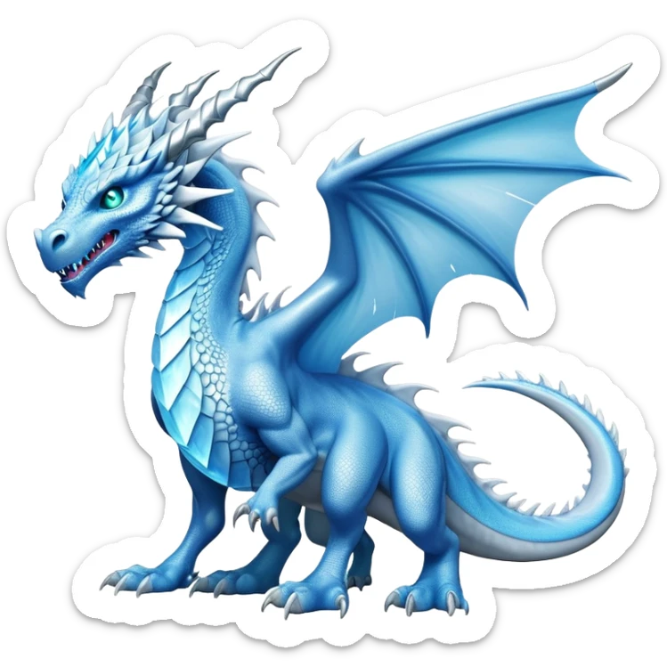 Cinematic Noble Fierce Ice Dragon full body Emoji, Poised and imposing, distinct long elegant snout, with a slender, scaled body shimmering in glacial hues of icy blue, frostbitten silver, and crystalline white, breathing out frost, with piercing, glowing eyes that radiate the chilling depths of an arctic storm; rendered in detail. displaying its wings sticker