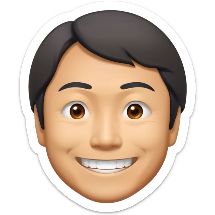 ​Cinematic Realistic Portrait of a Smiling Shigeru Miyamoto, depicted with warm, approachable features, showing a giant smile with expressive eyes, set against a subtle backdrop, inviting lighting that captures his innovative spirit sticker