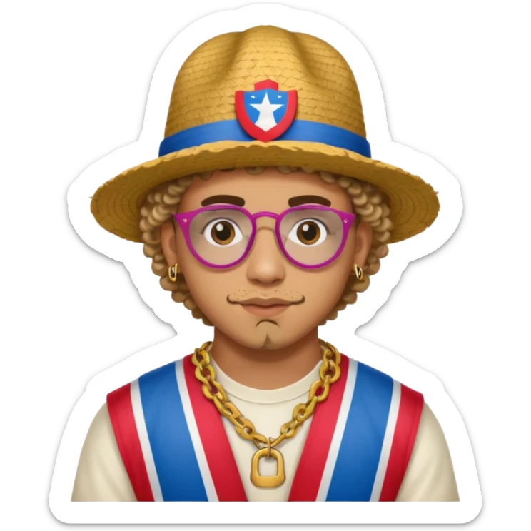 An emoji of Bad Bunny, the superstar from Puerto Rico. The singer. His hair is curly. He has a padlock beard. An an traditional boricua hat.  sticker