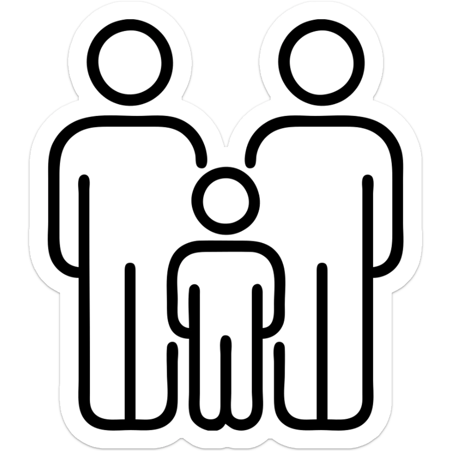 family icon with two parents and one child, minimal lines, universal signage style sticker