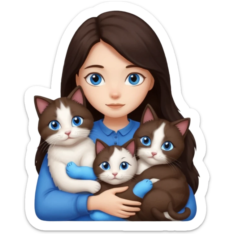 a girl with long dark 
brown hair, with blue eyes, hugs 3 different natural coloured cats sticker