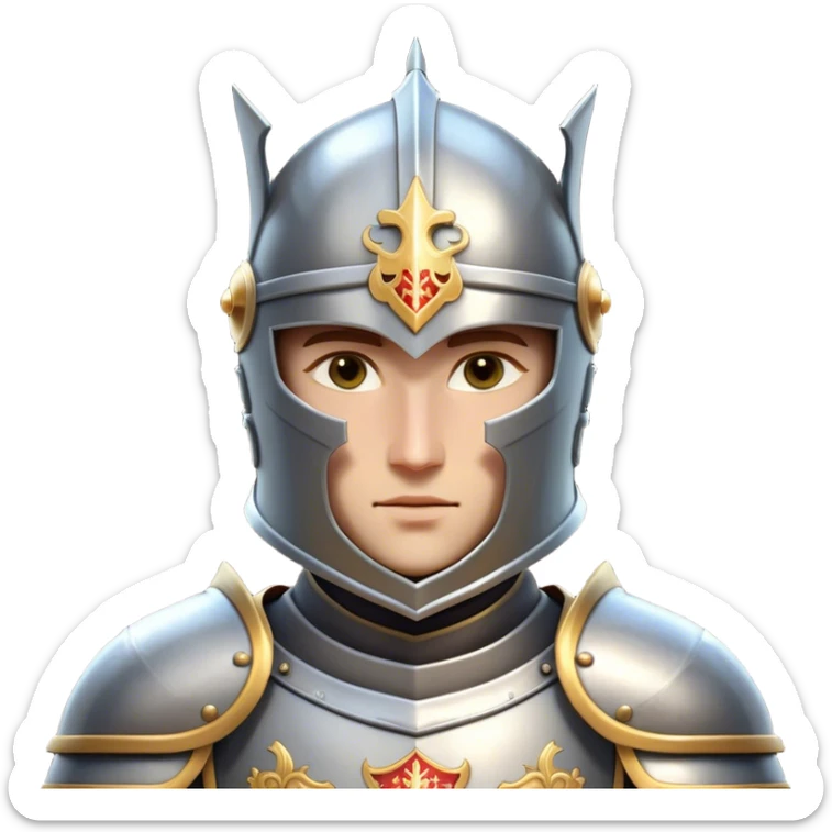 Clash of Clans aesthetic: Cinematic heroic Armored Knight Hero close up Emoji, rendered in a 3D vector-style similar to standard emojis with minimal shading and bold, simplified shapes. A compact, isometric warrior clad in gleaming plate armor with intricate heraldic details, softly glowing with a chivalrous medieval charm. Simplified yet unmistakably iconic, highly detailed and consistent, glowing with a soft radiant shine and high polish. Stylized with a touch of noble valor and a soft glowing outline, wearing a full face helm so that no face is visible with only eyes visible, capturing the essence of a gallant knight ready for honorable battle with a friendly, playful manner! sticker