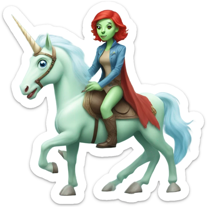 [
	{ woman: alien, color: light green, hair:red, eyes:blue] } 
	on a 
	[{ unicorn: white, legged:six, mane: light blue }] sticker