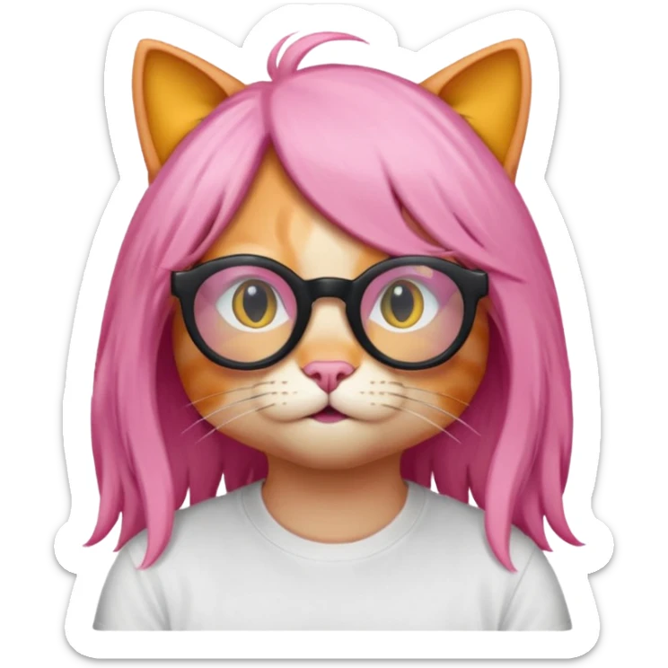 Orange Yellow cat wearing a long pink hair wig, black circle glasses, white T-shirt sticker