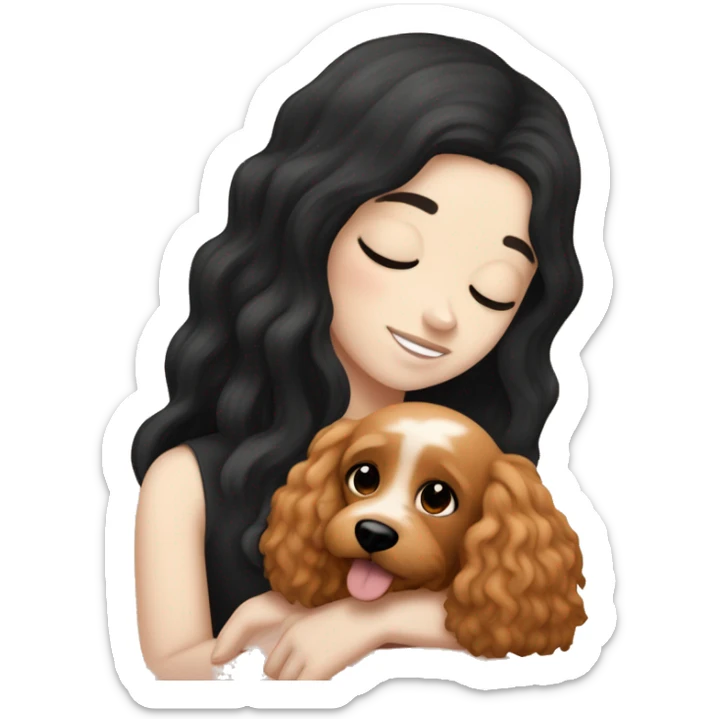 White skinned european girl with long black hair cuddling with an apricot coloured cockapoo sticker